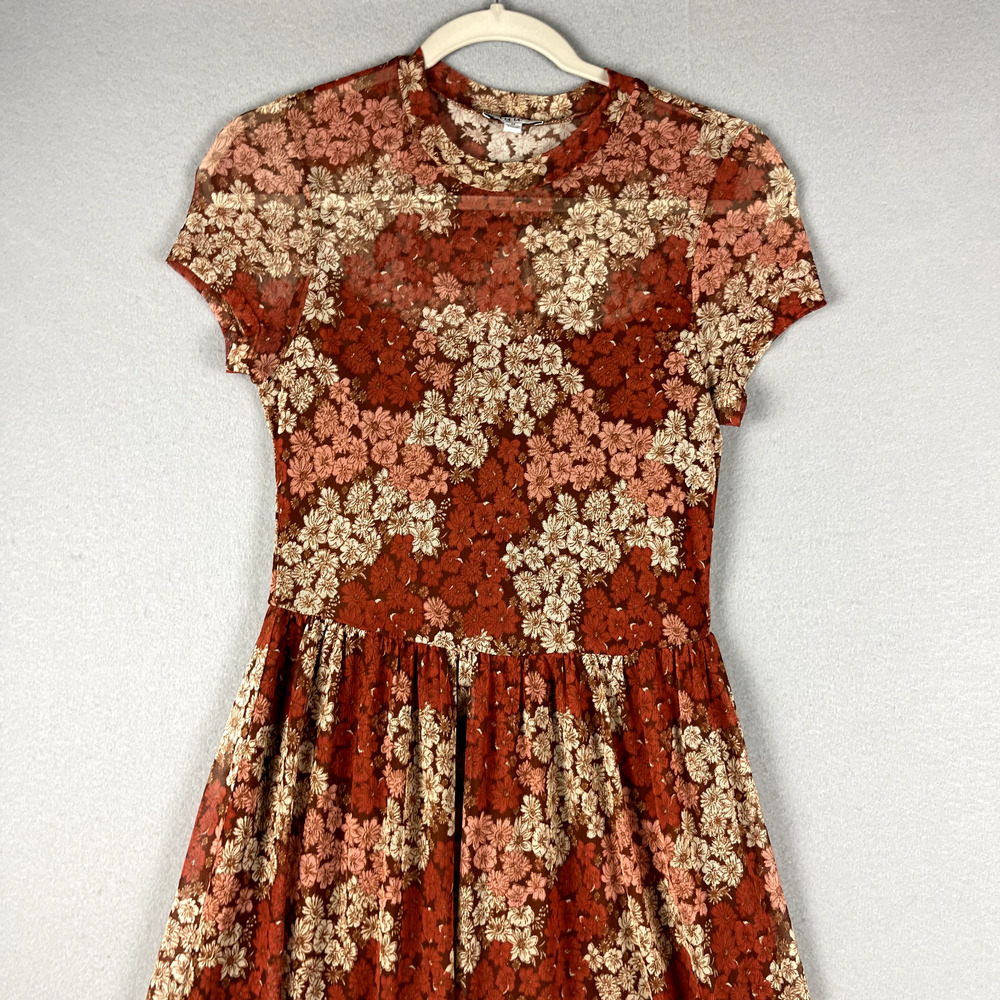 Whimsy Fairy Floral Mesh Dress Women Medium Sheer Pleated Midi Y2K Boho Peasant - Picture 2 of 16